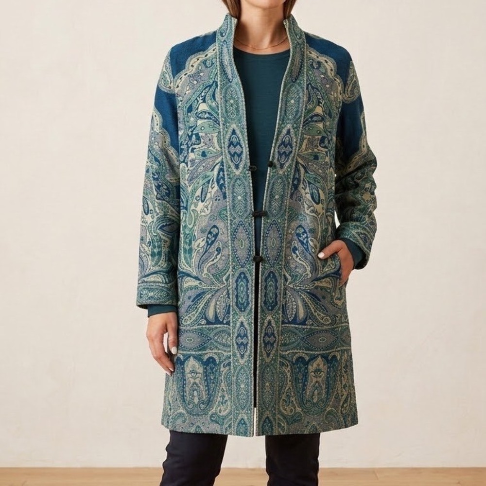 TravelSmith Tapestry Paisley Open Front Cardigan Jacket Blue Boho Cottage L XL